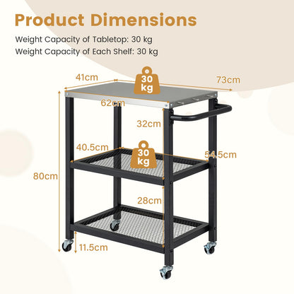 Outdoor Grill Cart on Wheels, Pizza Oven Stand Serving Trolley with Stainless Steel Top, Handle and Hooks