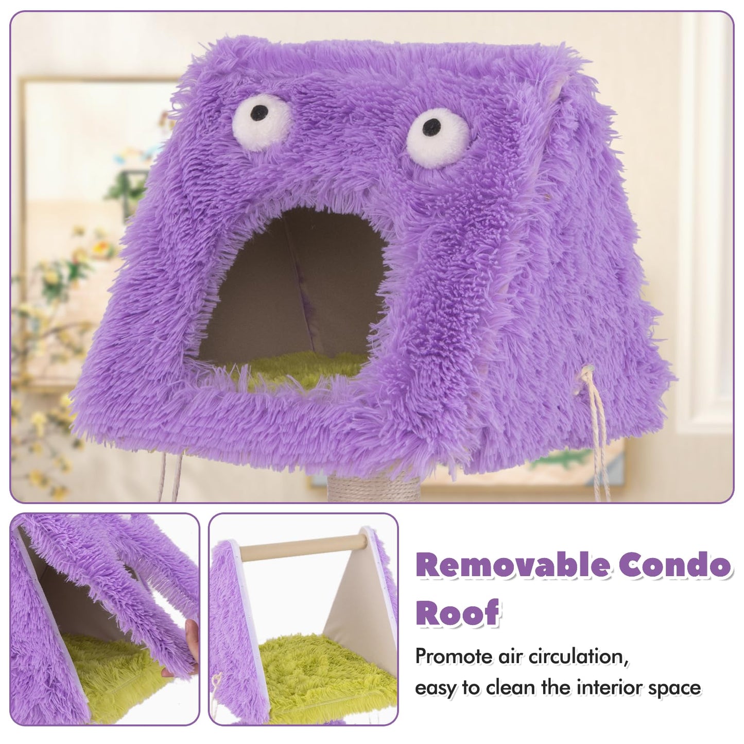Cute Monster-Themed Cat Tower with 2 Private Condos and Soft Long Plush