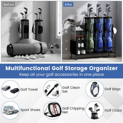 3 Golf Bag Stand for Clubs with Lockable Wheels and Removable Hooks
