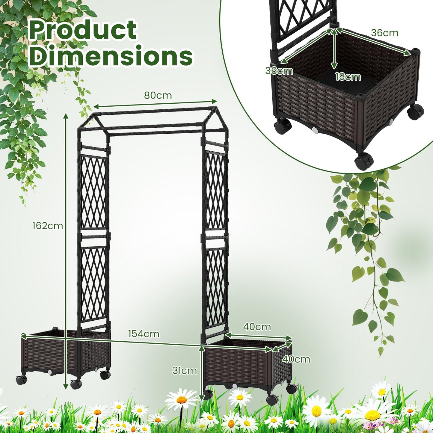 Self-Watering Planter Boxes with Lattice Trellis and Roof for Climbing Vine