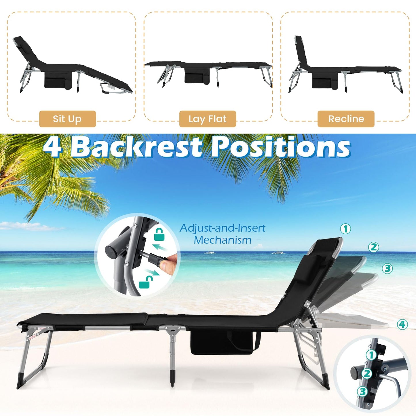 Folding Sun Lounger, 5-Position Adjustable Garden Sunbed with Face Hole