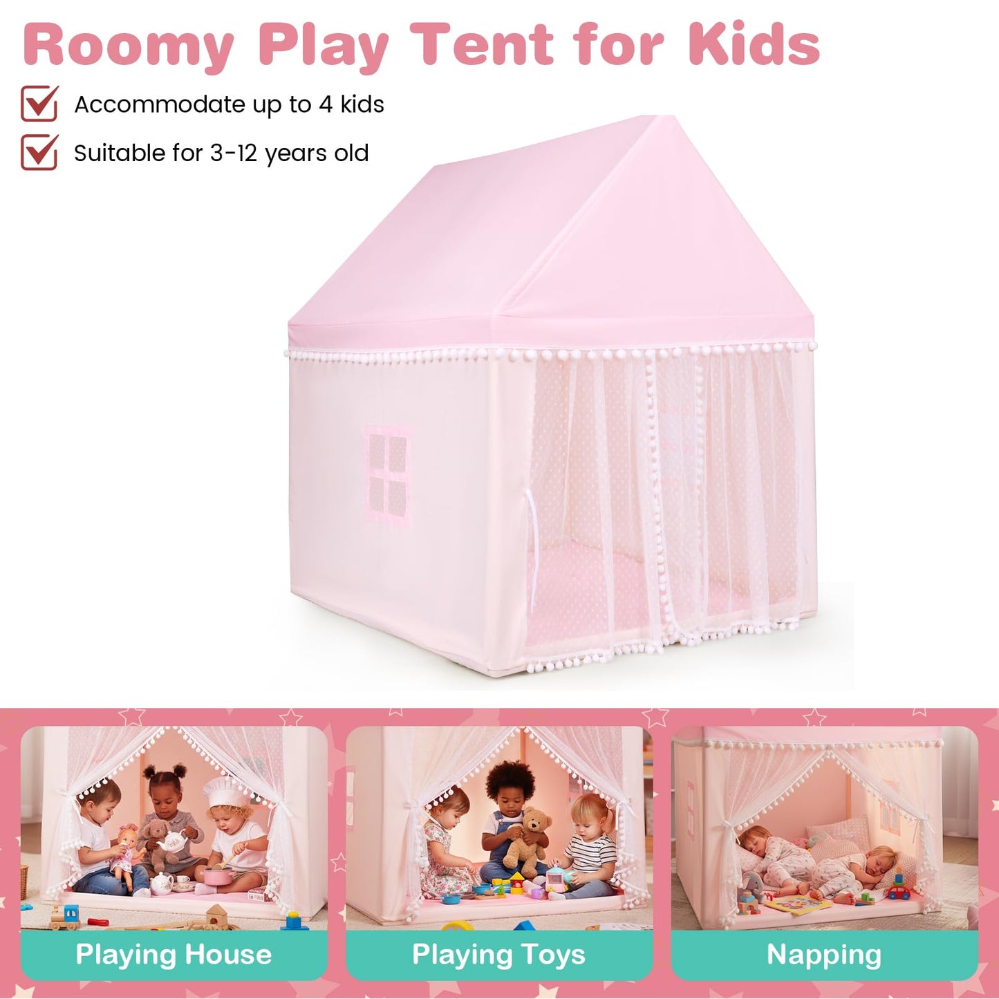 Children's Wooden Frame Playhouse Tent with Mat