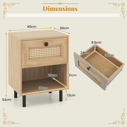 Rattan Nightstand with Drawer and Open Storage Shelf for Living Room Set of 2