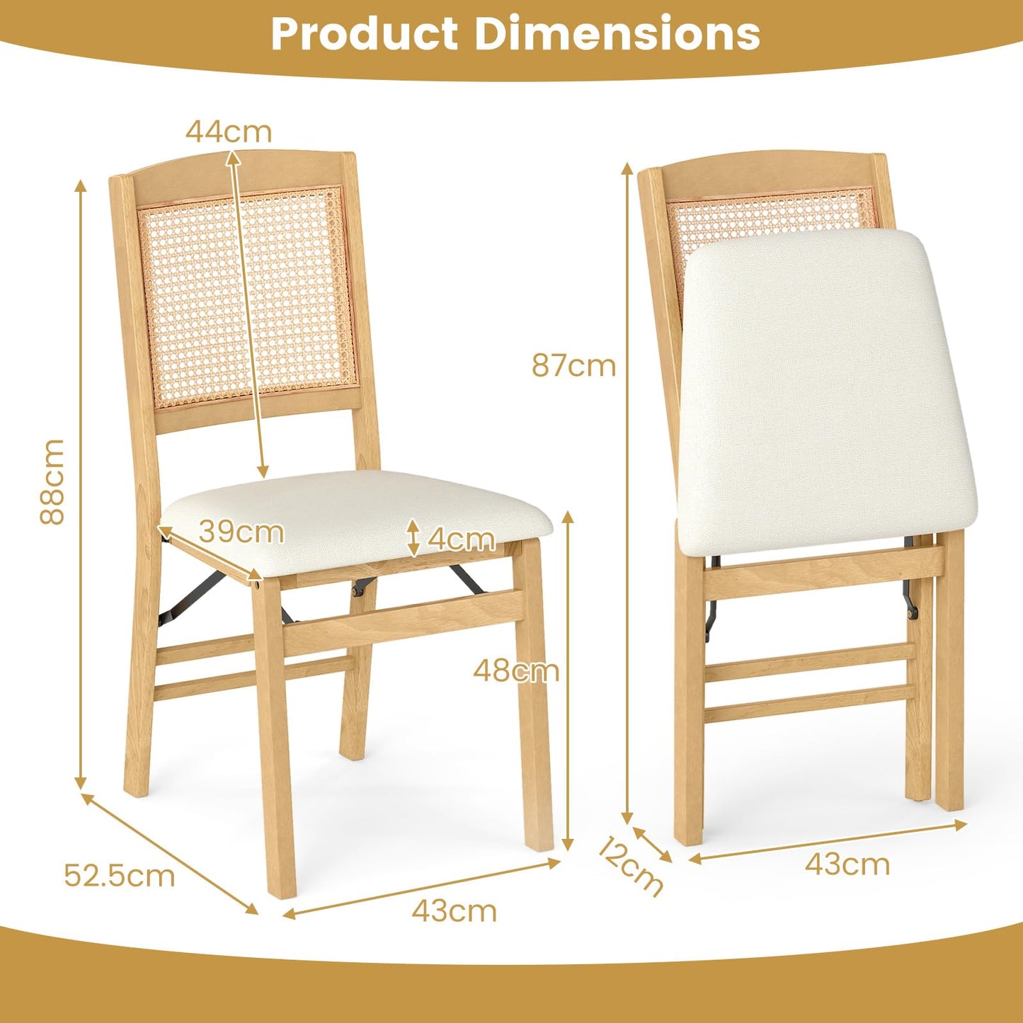 Wooden Folding Chairs Set of 2 Rustic Rubber Wood Dining Chairs with Linen Padded Seat