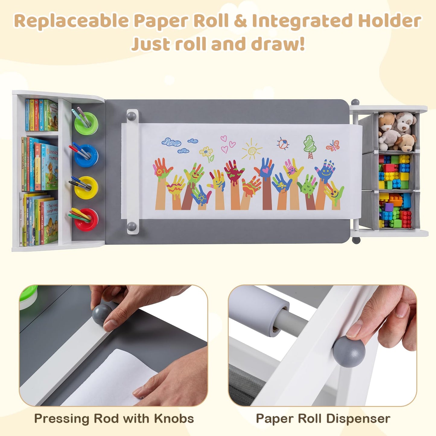 Kids Art Table and Chair Set with Paper Roll & Fabric Bins for Drawing Reading Studying Playing