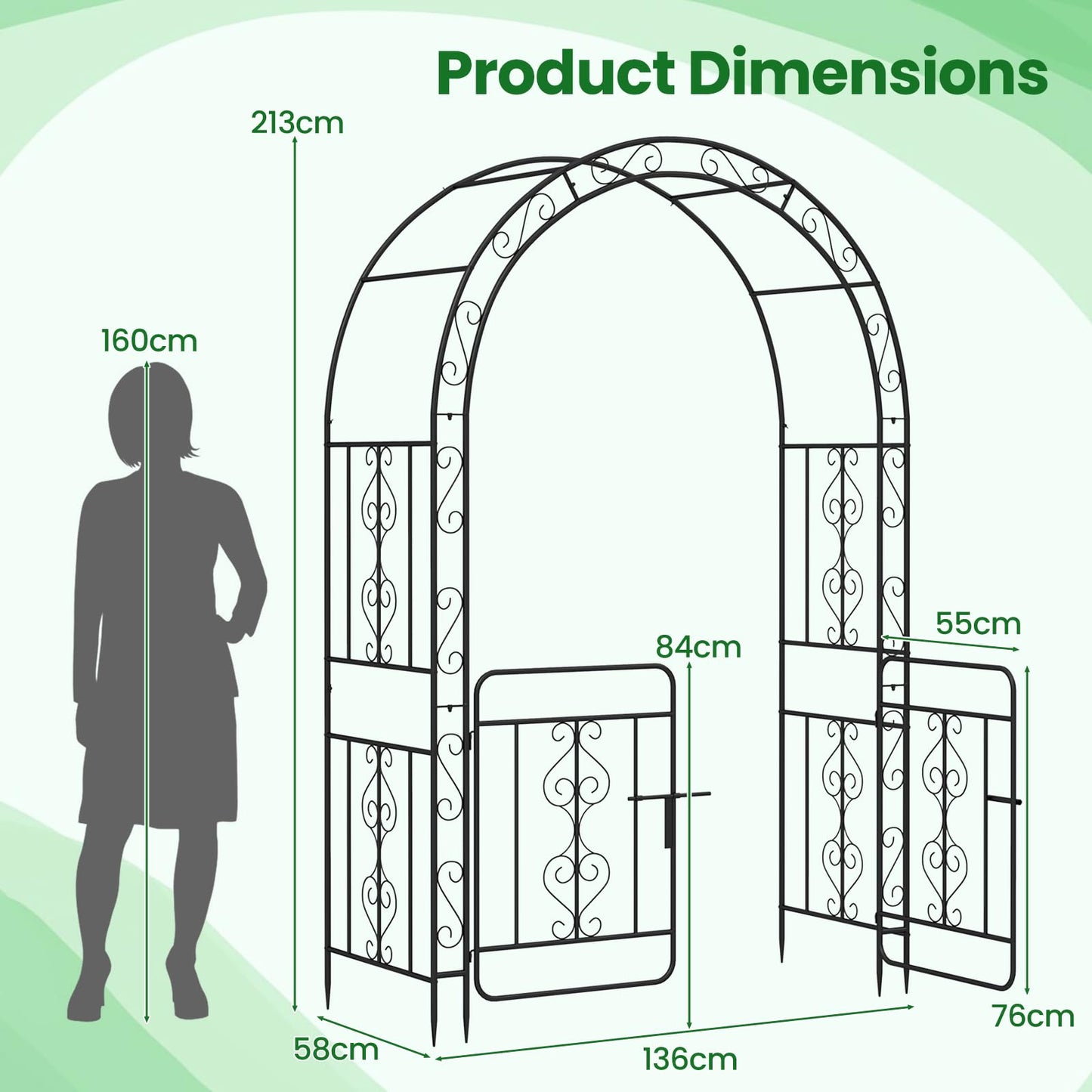 Garden Arbor with Gate and Multiple Side Crossbars for Decoration