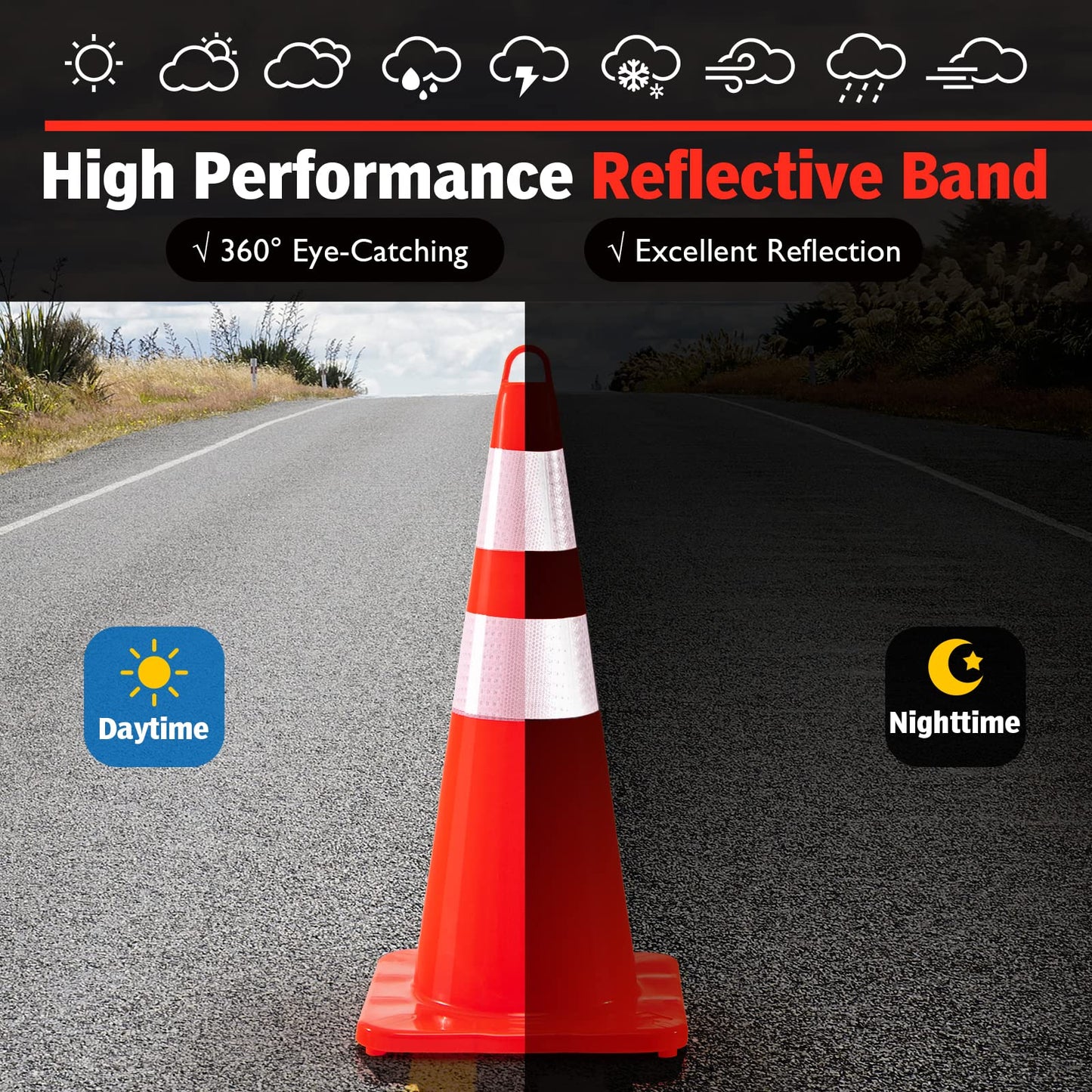 10/12 Pack 69cm Traffic Cones, Self Weighted Orange Road Safety Cones with Reflective Collars