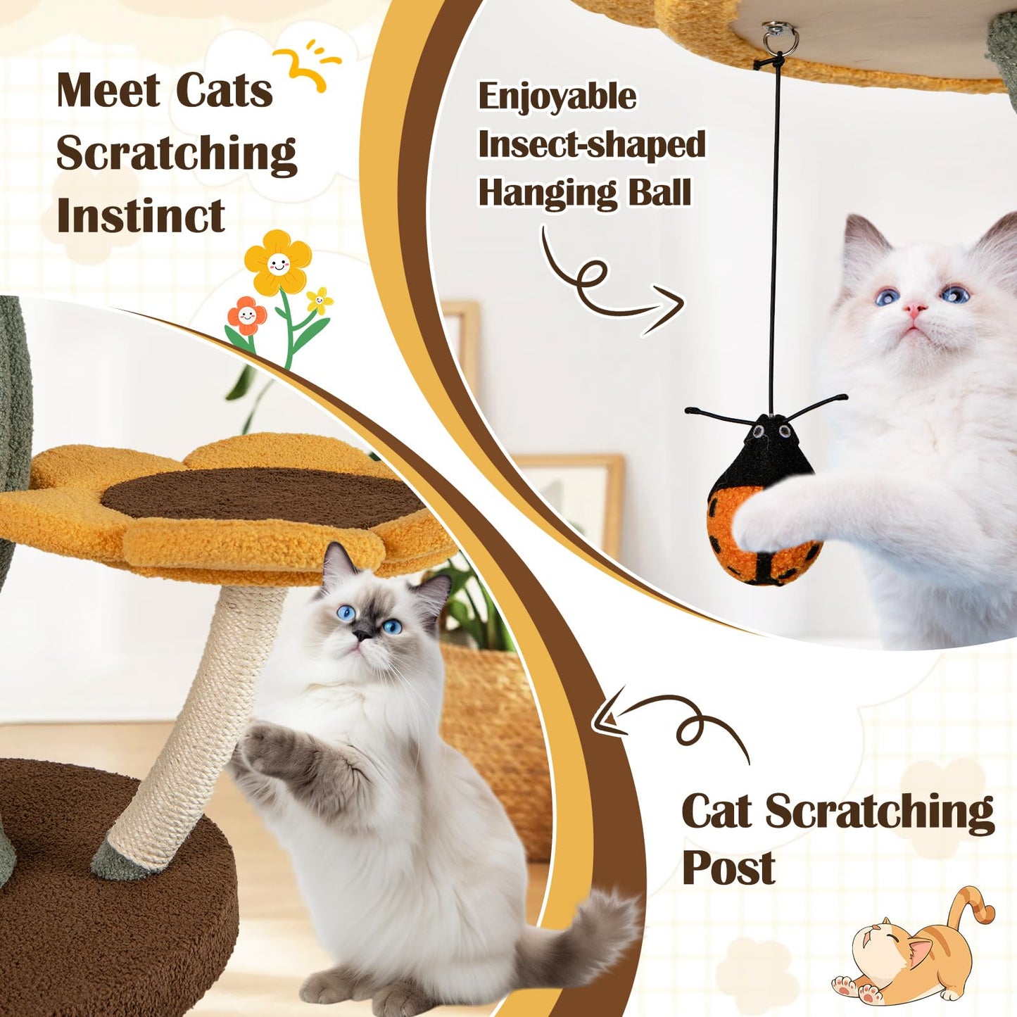 Cat Tree, 175cm Tall Cat Tower with 4 Flower-shaped Platforms