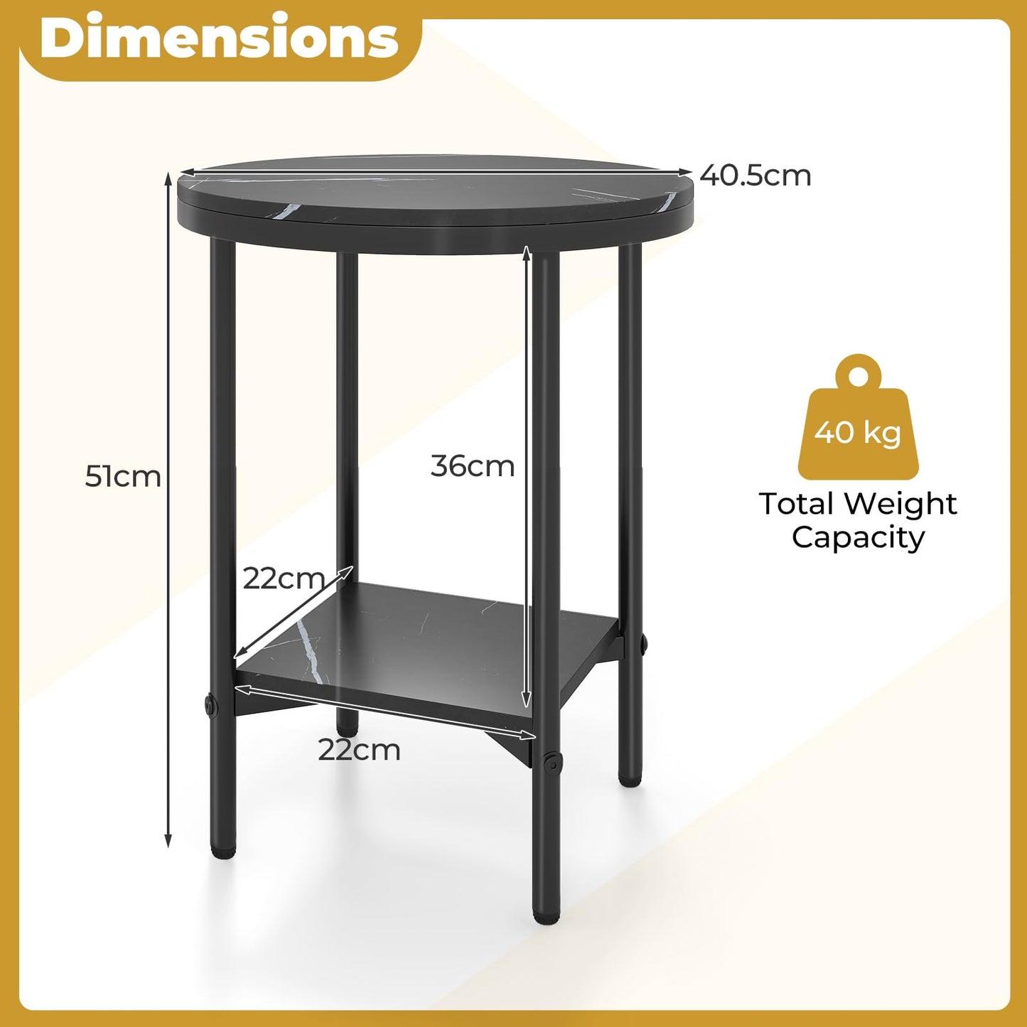 Round Side Table, 2-Tier Faux Marble Nightstand Sofa End Table