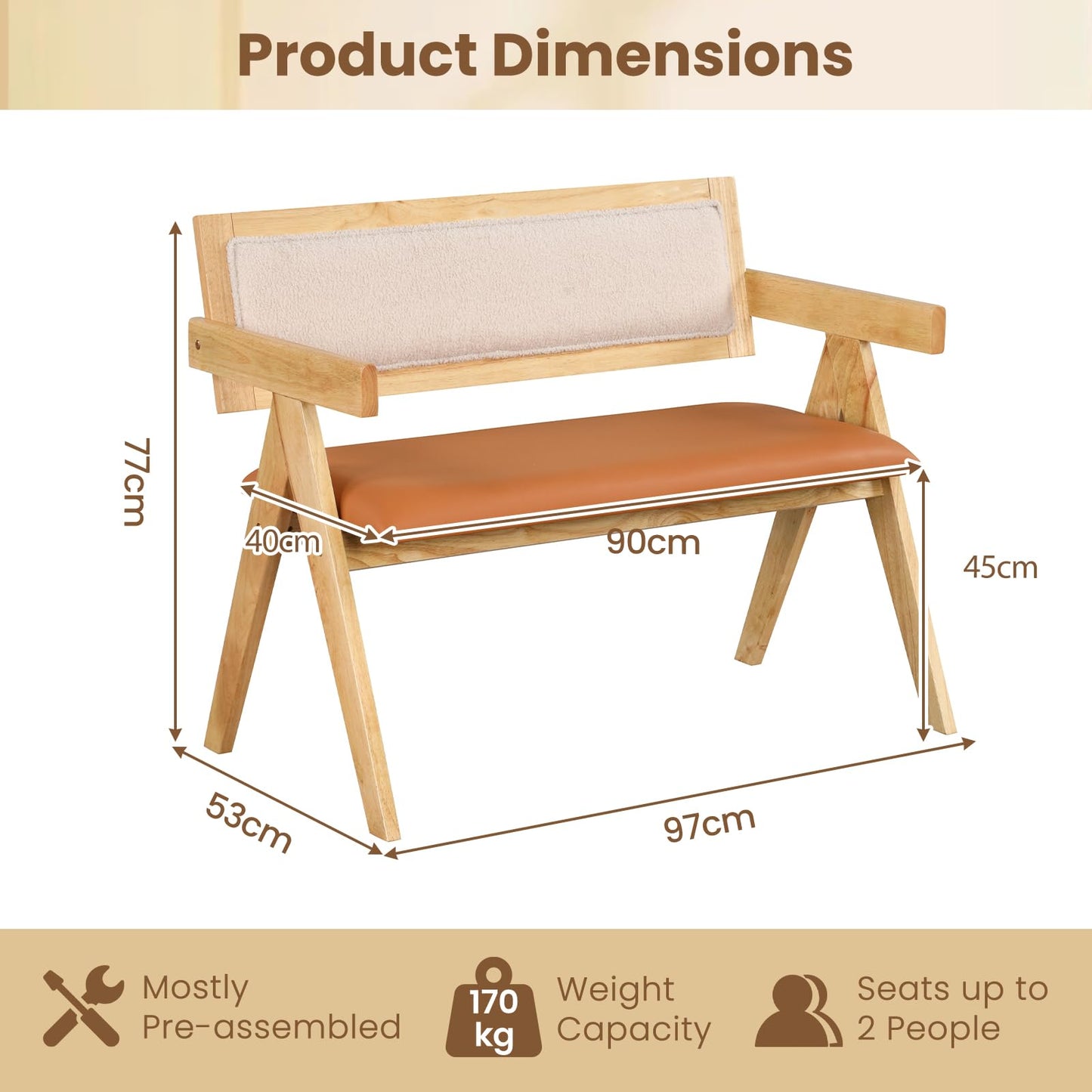 Rubber Wood Dining Bench with Armrest and Sherpa Upholstered Backrest