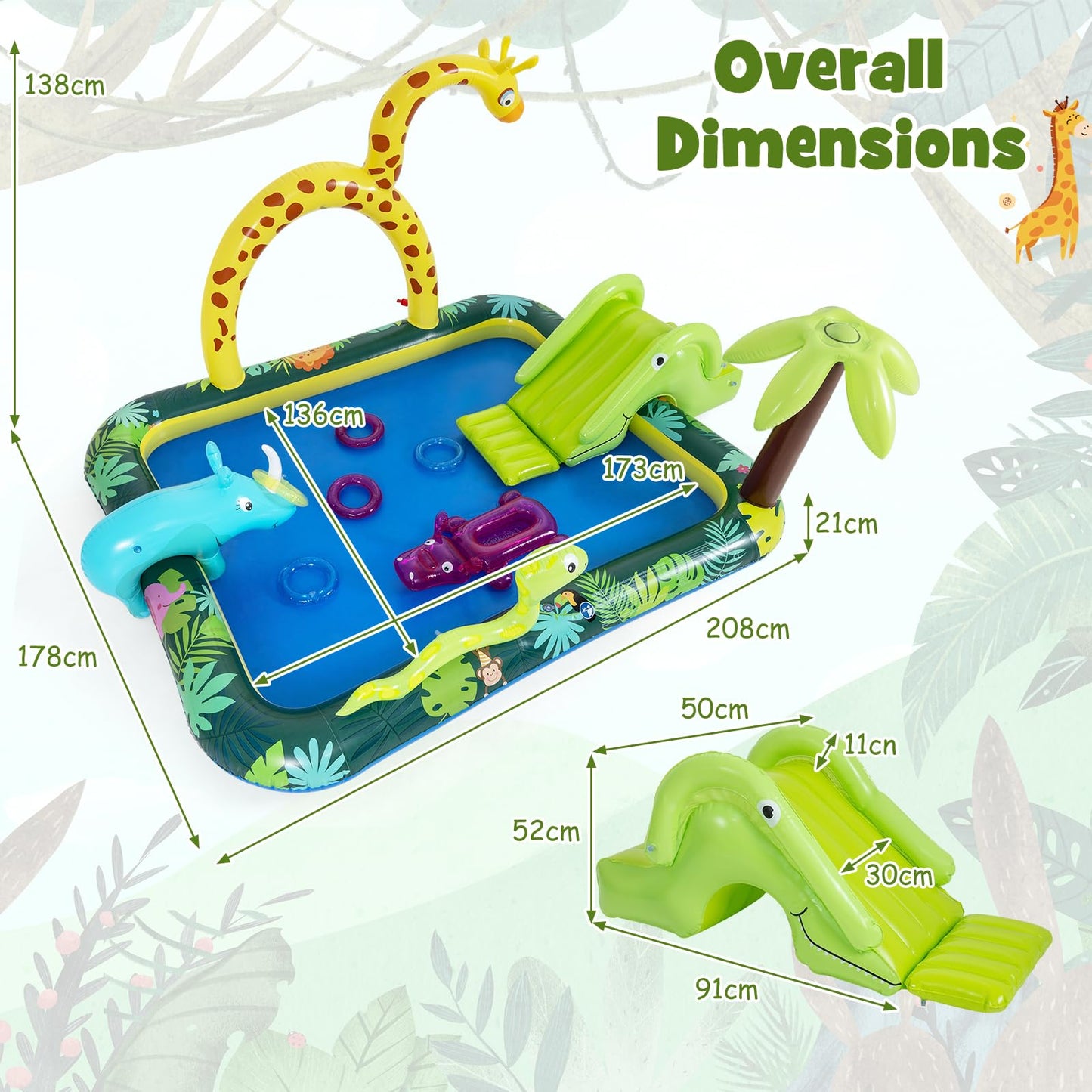 Inflatable Play Center, Jungle Animal Spray Paddling Pool with Slide & Sprinkle