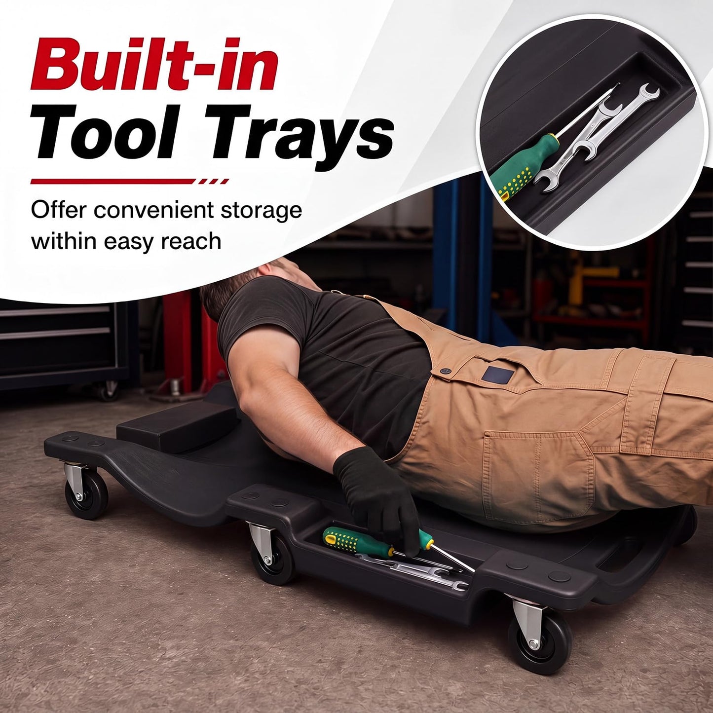 36/40 Inch Mechanic Creeper with Padded Headrest & 2 Tool Trays