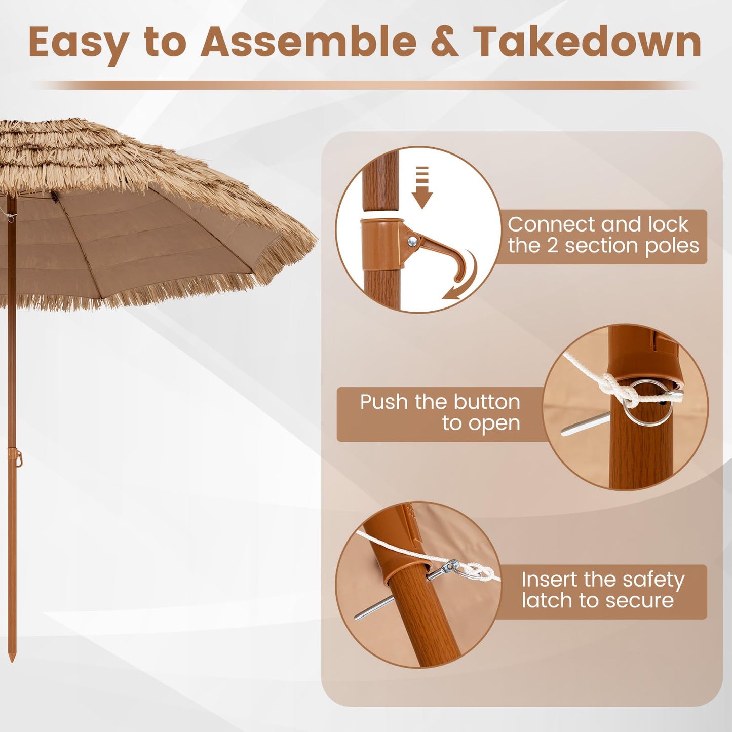 Folding Tilting Thatch Tiki Sun Umbrella with 8 Ribs