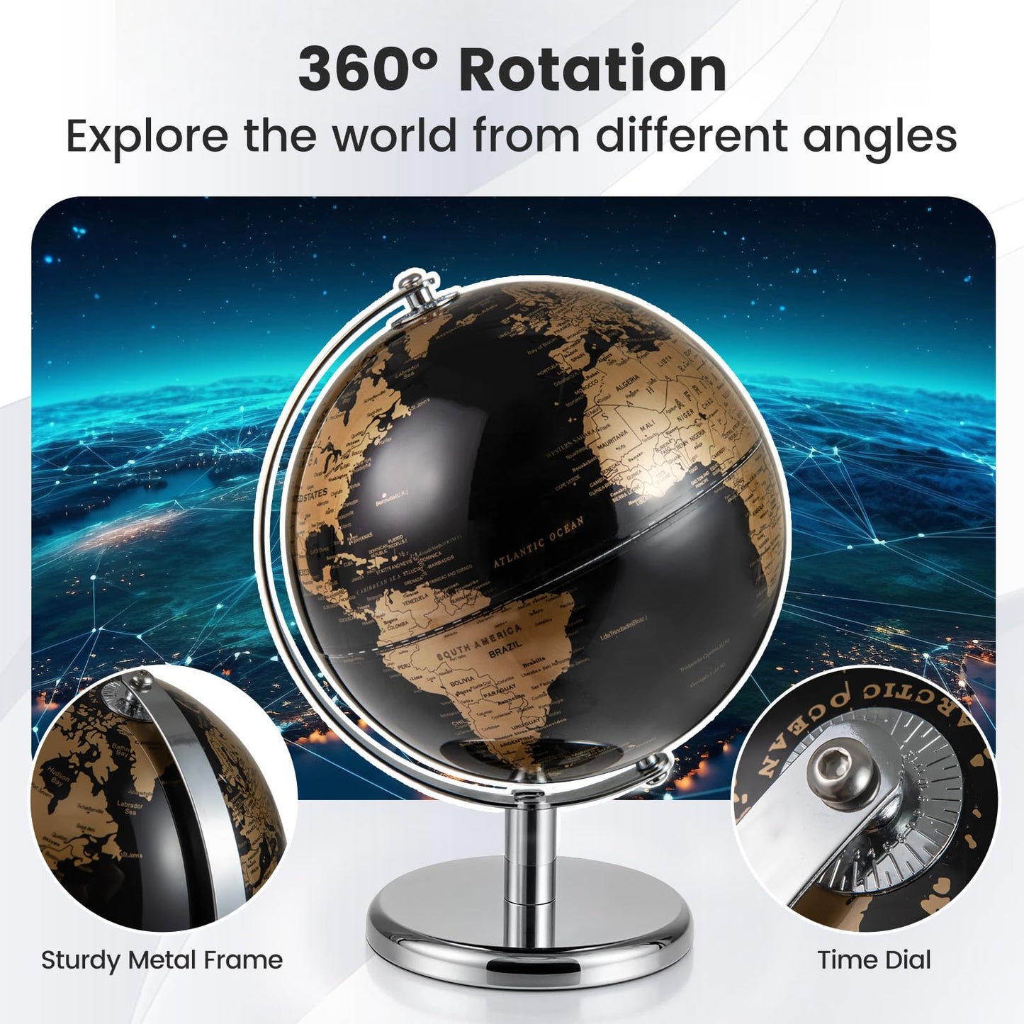 20CM Rotating Metallic Black World Globe with Metal Stand for Home School