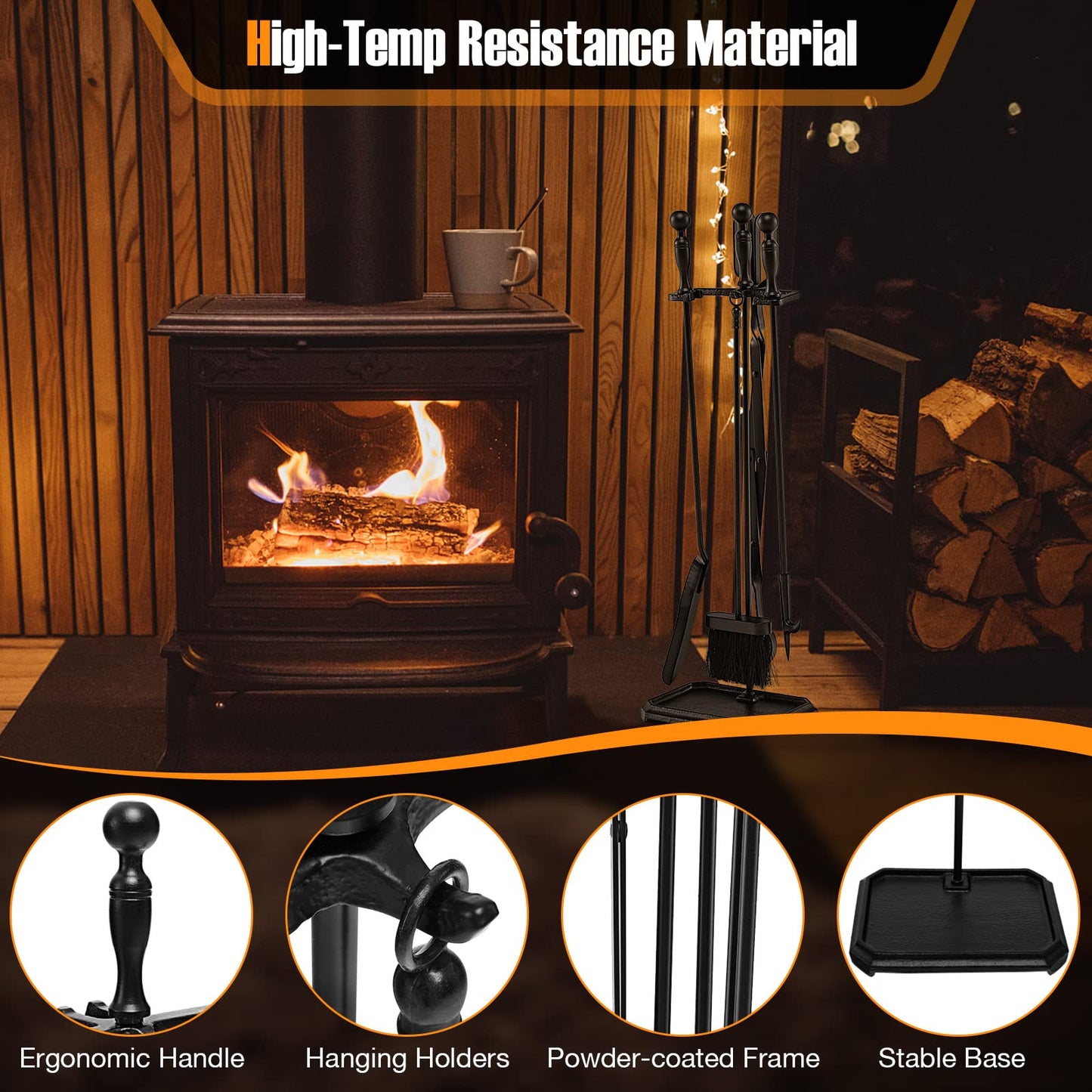 GiantexUK 5-Piece Fireplace Companion Set, Wrought Iron Fire Place Tools Set with Stand, Tong, Shovel, Brush & Poker