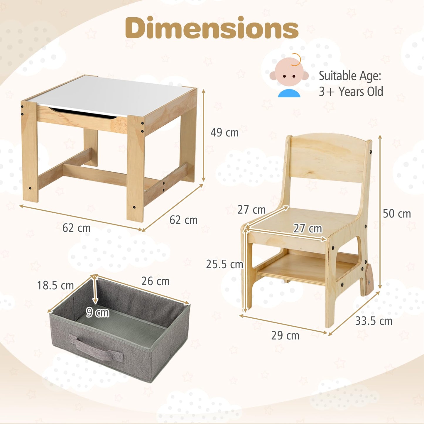3-Piece Wooden Toddler Furniture Set with Removable Tabletop