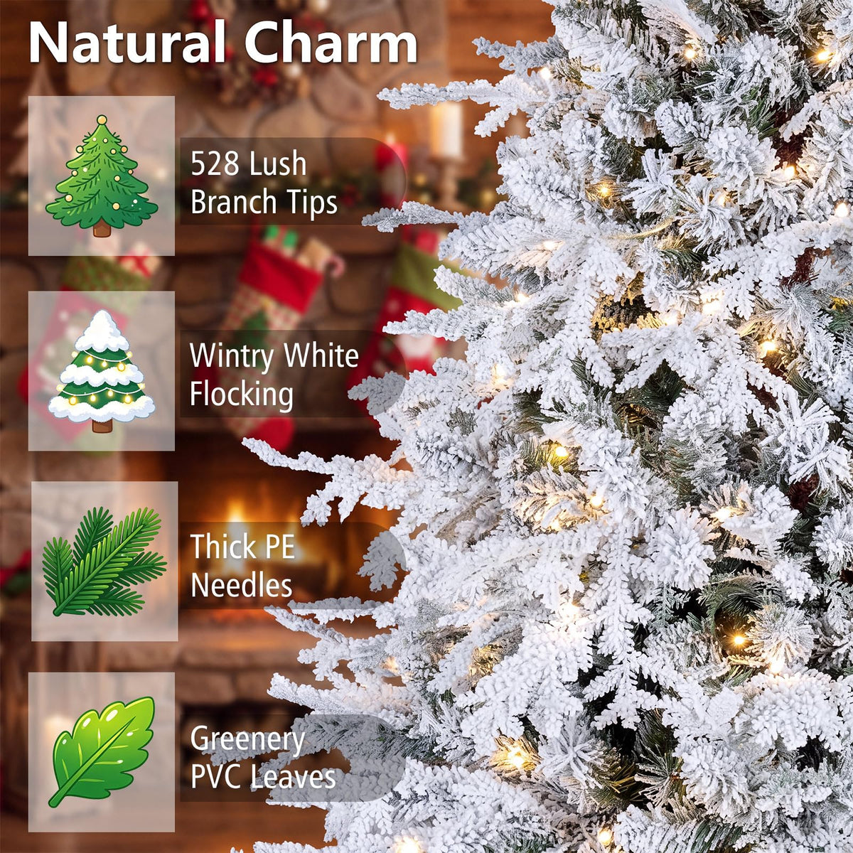 5/6FT Pre-lit Artificial Christmas Tree, Snow Flocked Full Xmas Tree