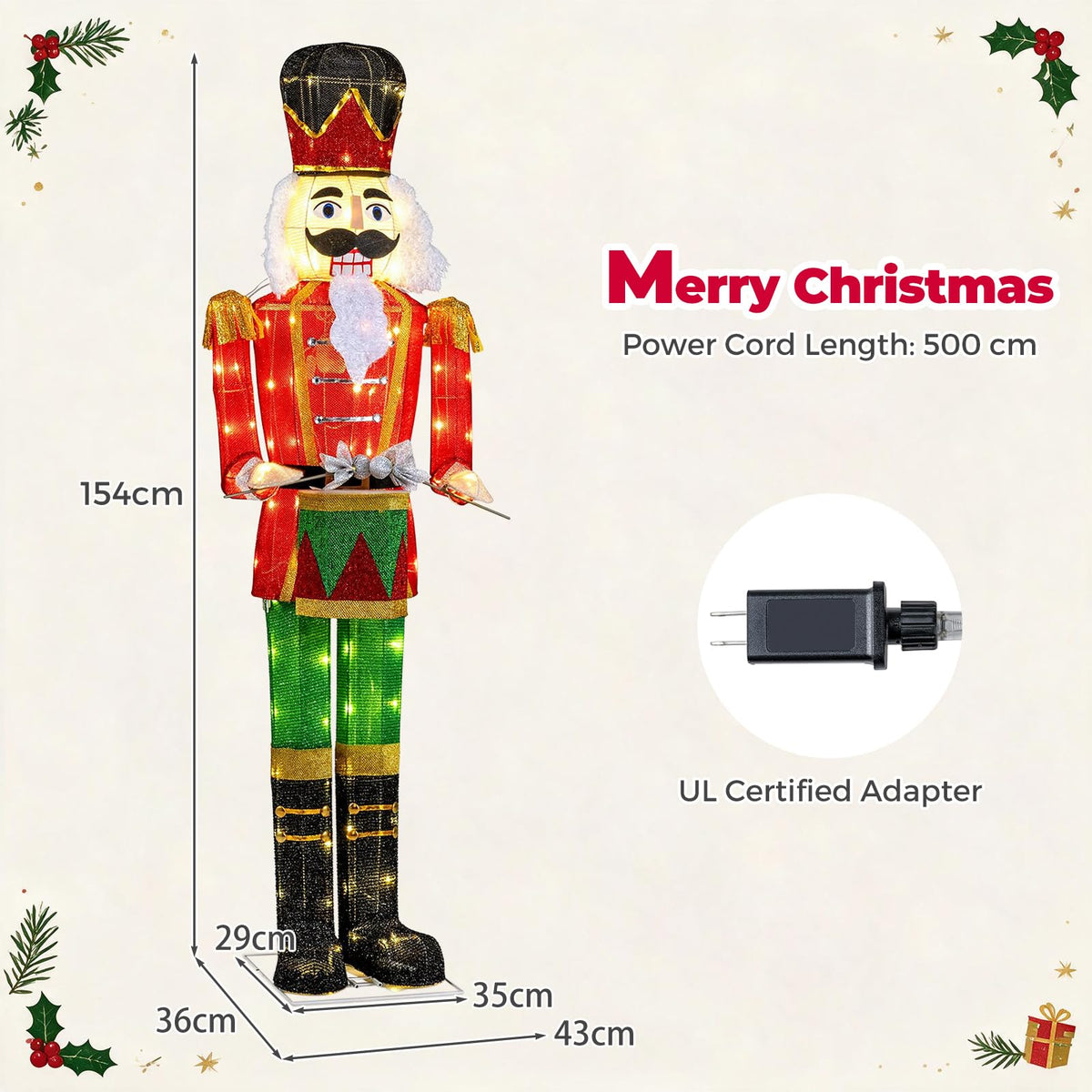 5FT Animated Nutcracker, Light Up Christmas Drummer Decoration