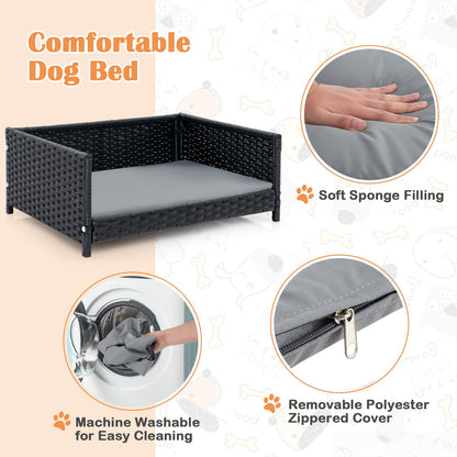 Handwoven Wicker Pet Bed Sofa Couch with Metal Frame and Cushion