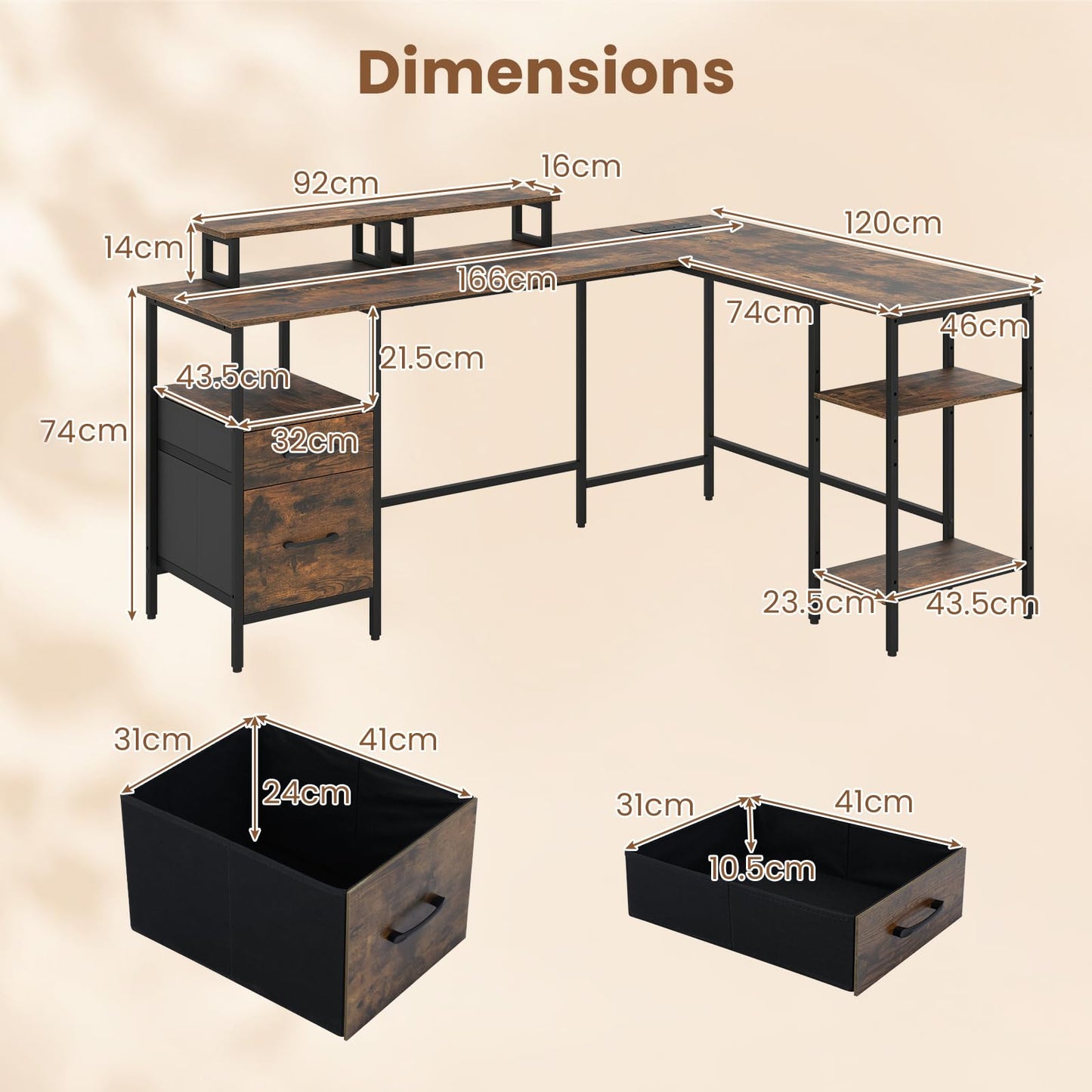 L-shaped Desk with Power Outlets Monitor Stand 2 Drawers and Adjustable Shelf