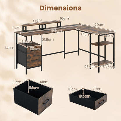 L-shaped Desk with Power Outlets Monitor Stand 2 Drawers and Adjustable Shelf
