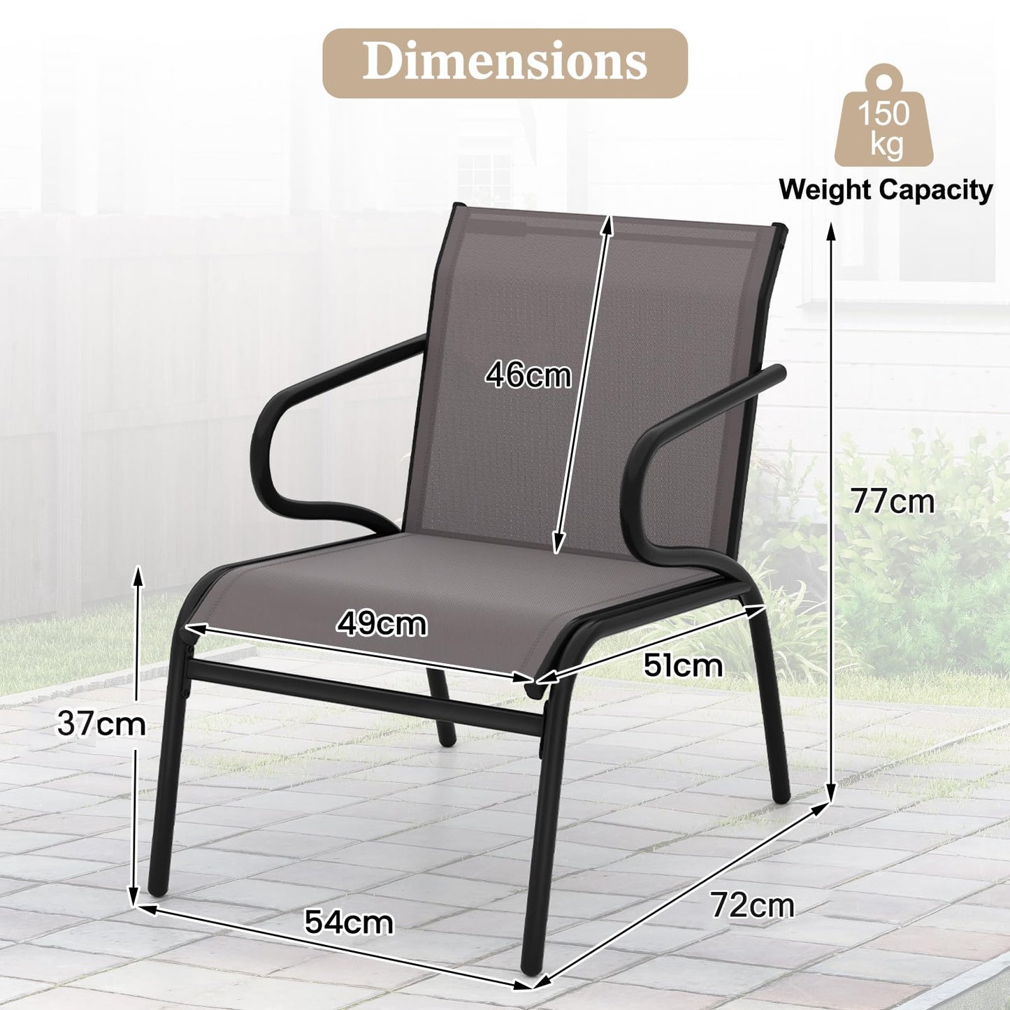 Outdoor Dining Chairs Set of 2 with Breathable Backrest & Seat and Armrests