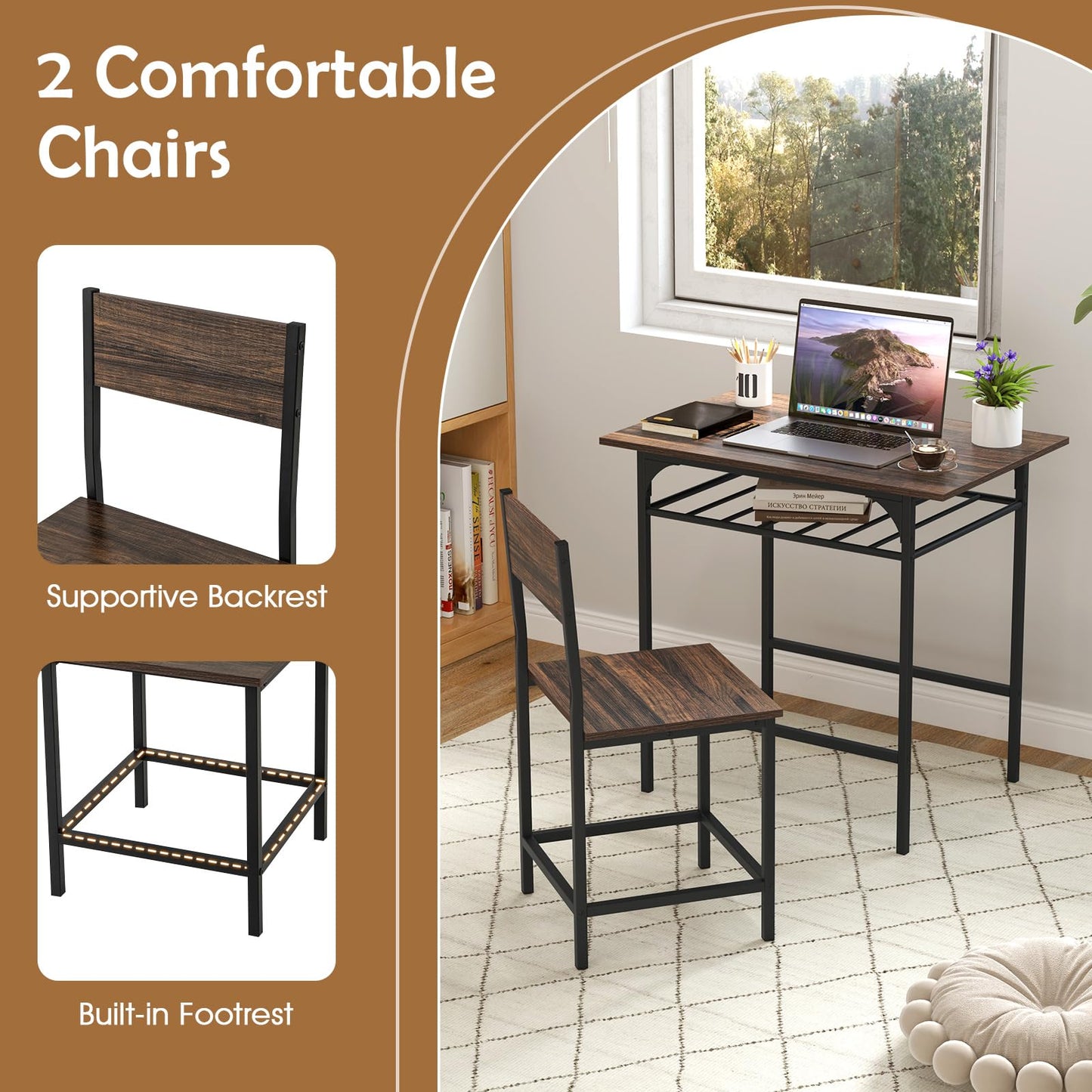 Dining Table Set for 2 with Metal Frame and Storage Rack