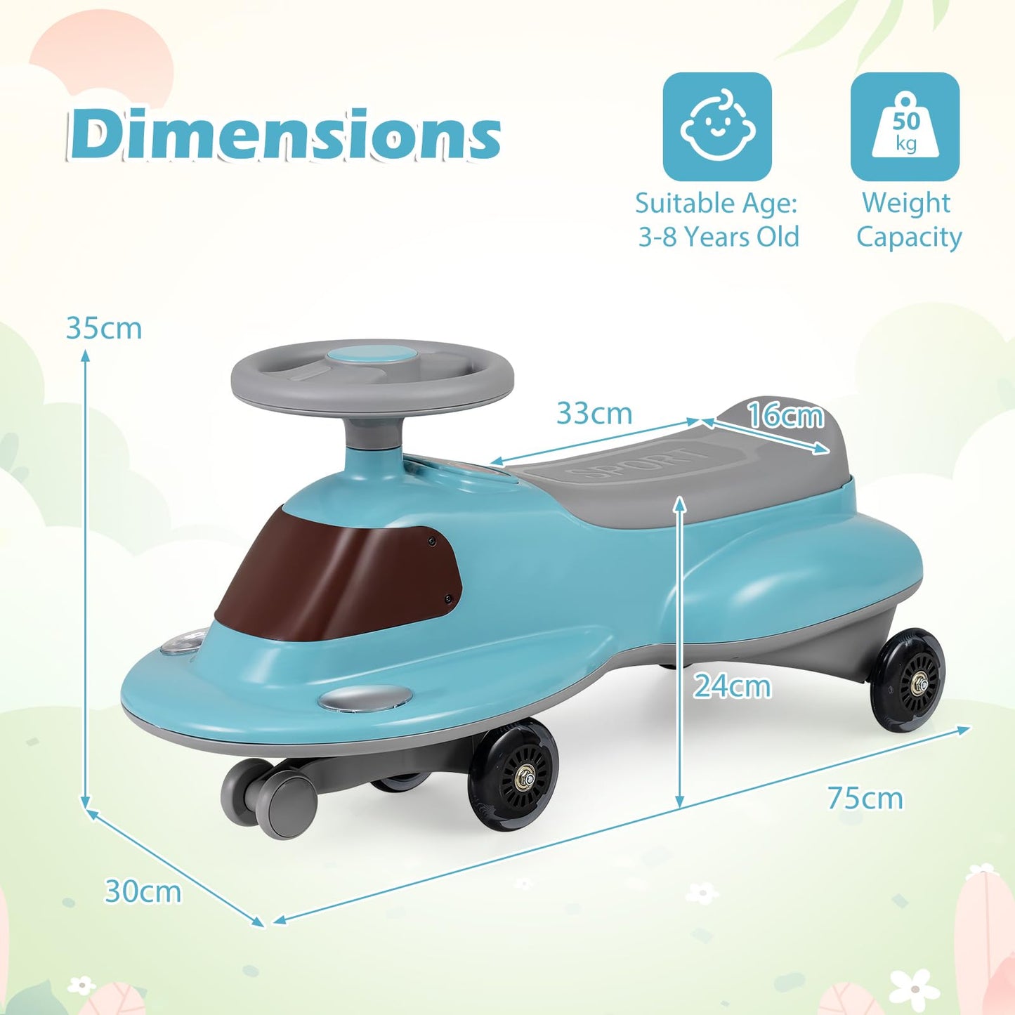 Ride on Wiggle Car, Sit On Swivel Scooter with Light up Wheels, Under-seat Storage