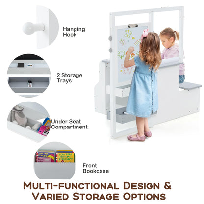 Kids Art Easel Table and Bench Set with Adjustable Easel and Bookshelf