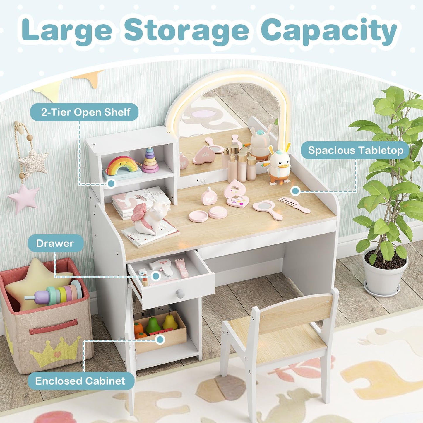 Kids Vanity Table and Stool Set with 2-Color LED Lights Mirror