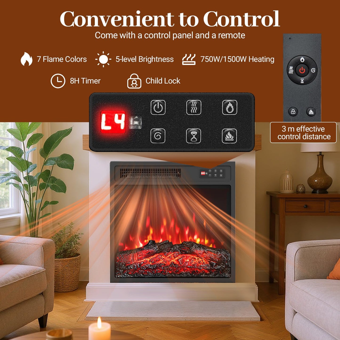 19”/48cm Electric Fireplace, Recessed Freestanding Fire Heater with 7 Flame Color