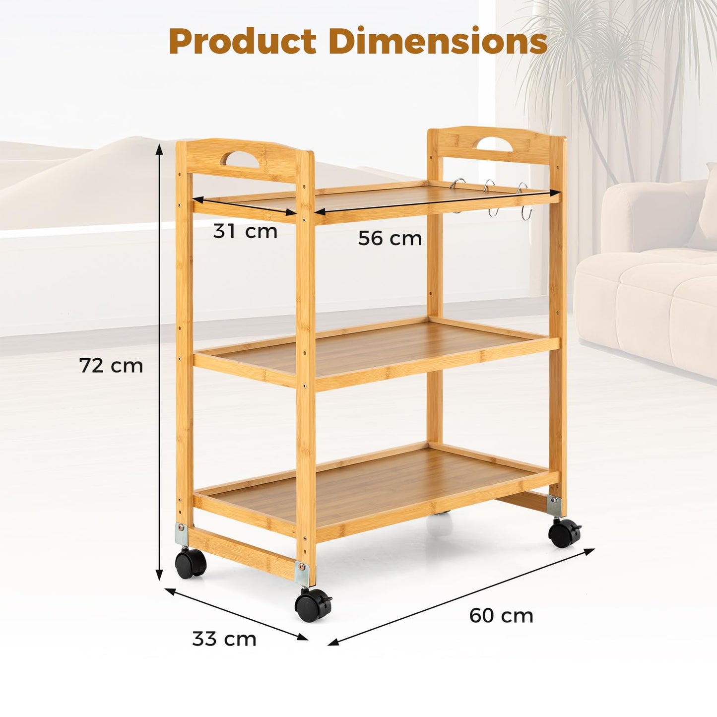 3-Tier Bamboo Rolling Cart with 2 Lockable Wheels and 3 Hooks for Kitchen