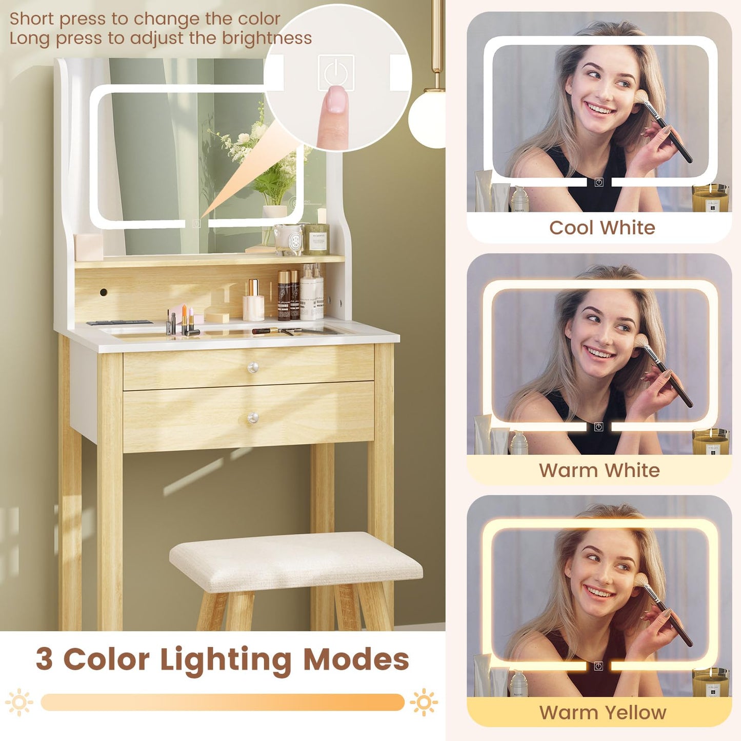 Vanity Desk with Mirror and Lights Small Makeup Table with 3 Light Modes