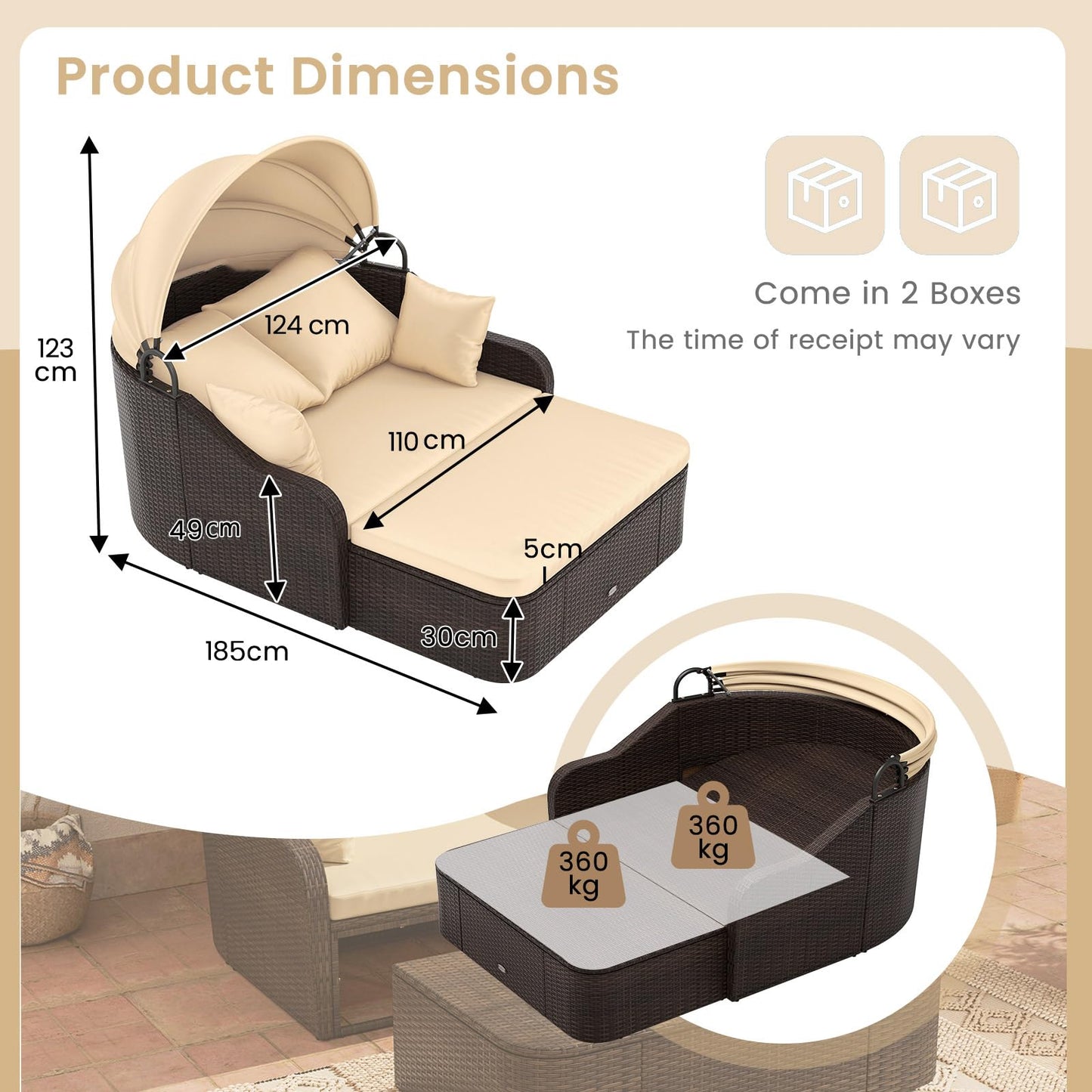 PE Rattan Daybed with Retractable Canopy and Soft Cushions for Backyard