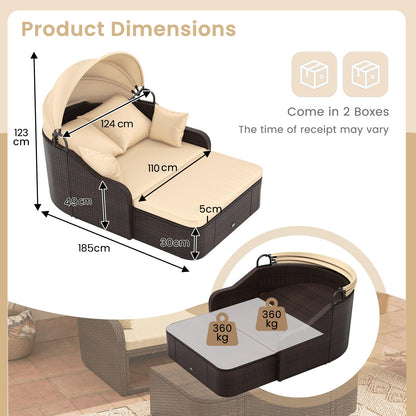 PE Rattan Daybed with Retractable Canopy and Soft Cushions for Backyard