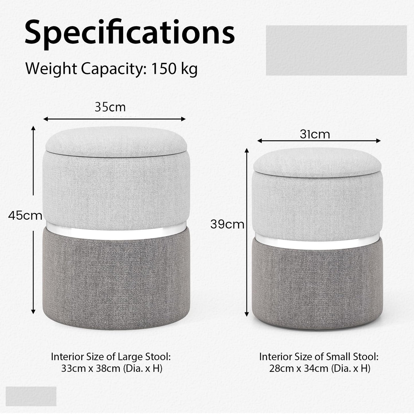 Modern Round Linen Fabric Storage Ottoman Set of 2