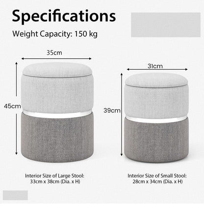 Modern Round Linen Fabric Storage Ottoman Set of 2