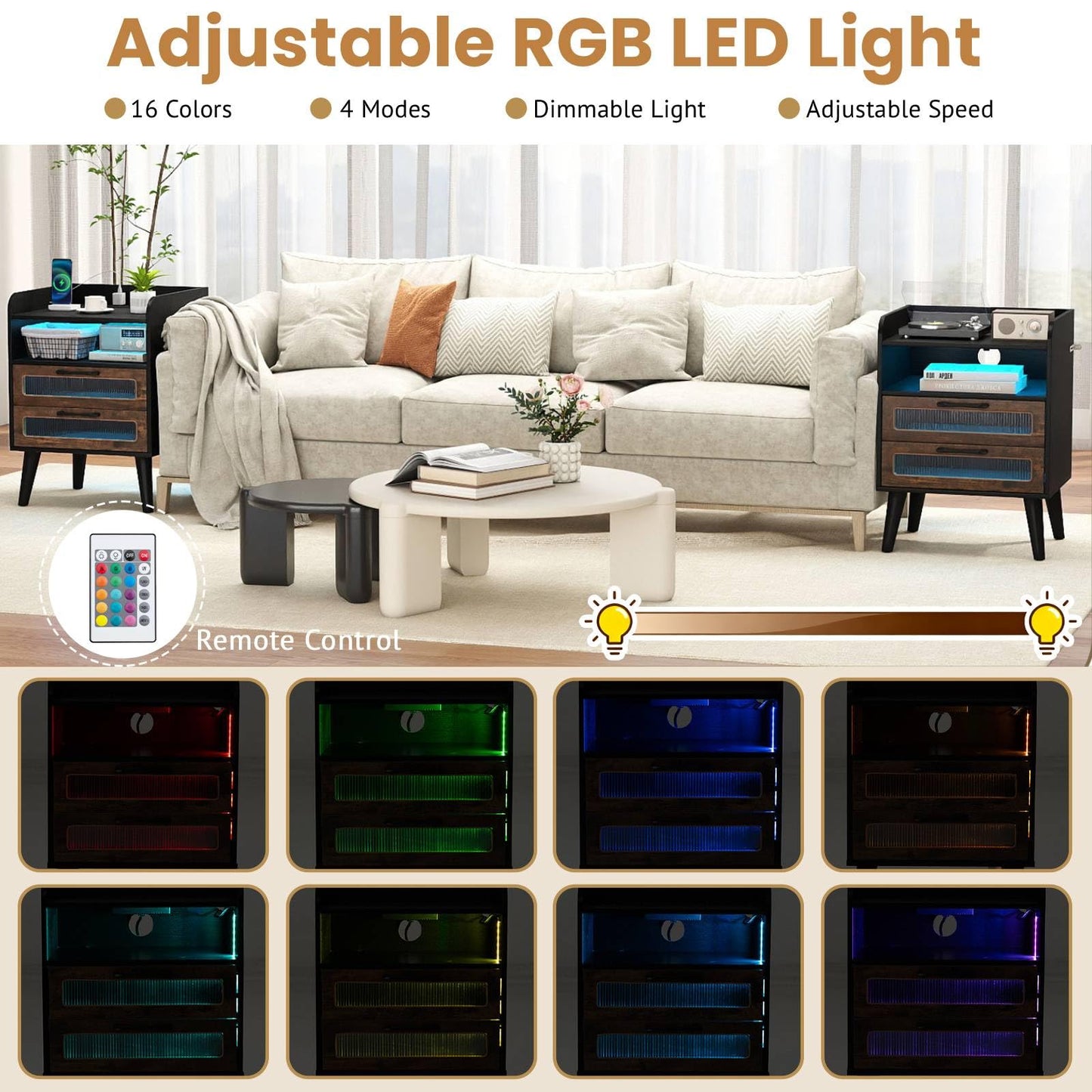 Mid Century Nightstand Modern Bedside Table with Charging Station