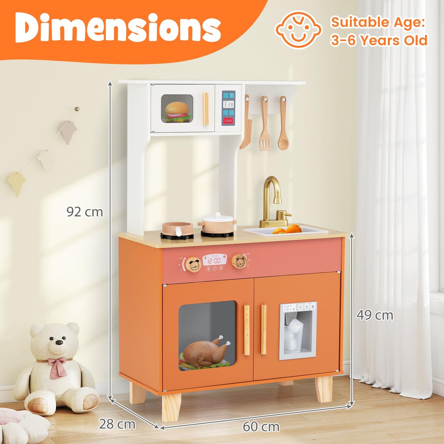 Wooden Play Kitchen with Cookware Accessories for Ages 3-6