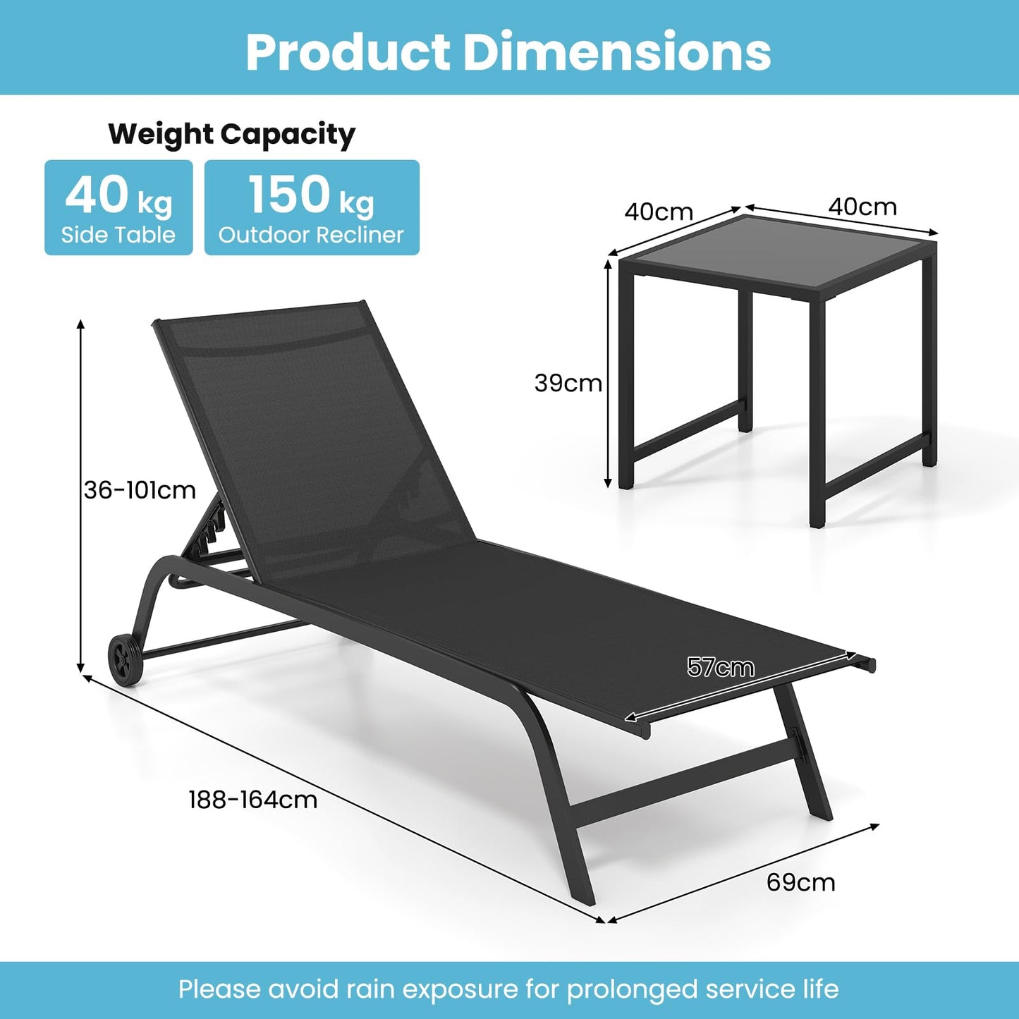 Garden Sun Lounger with Side Table, 6-Level Patio Recliner