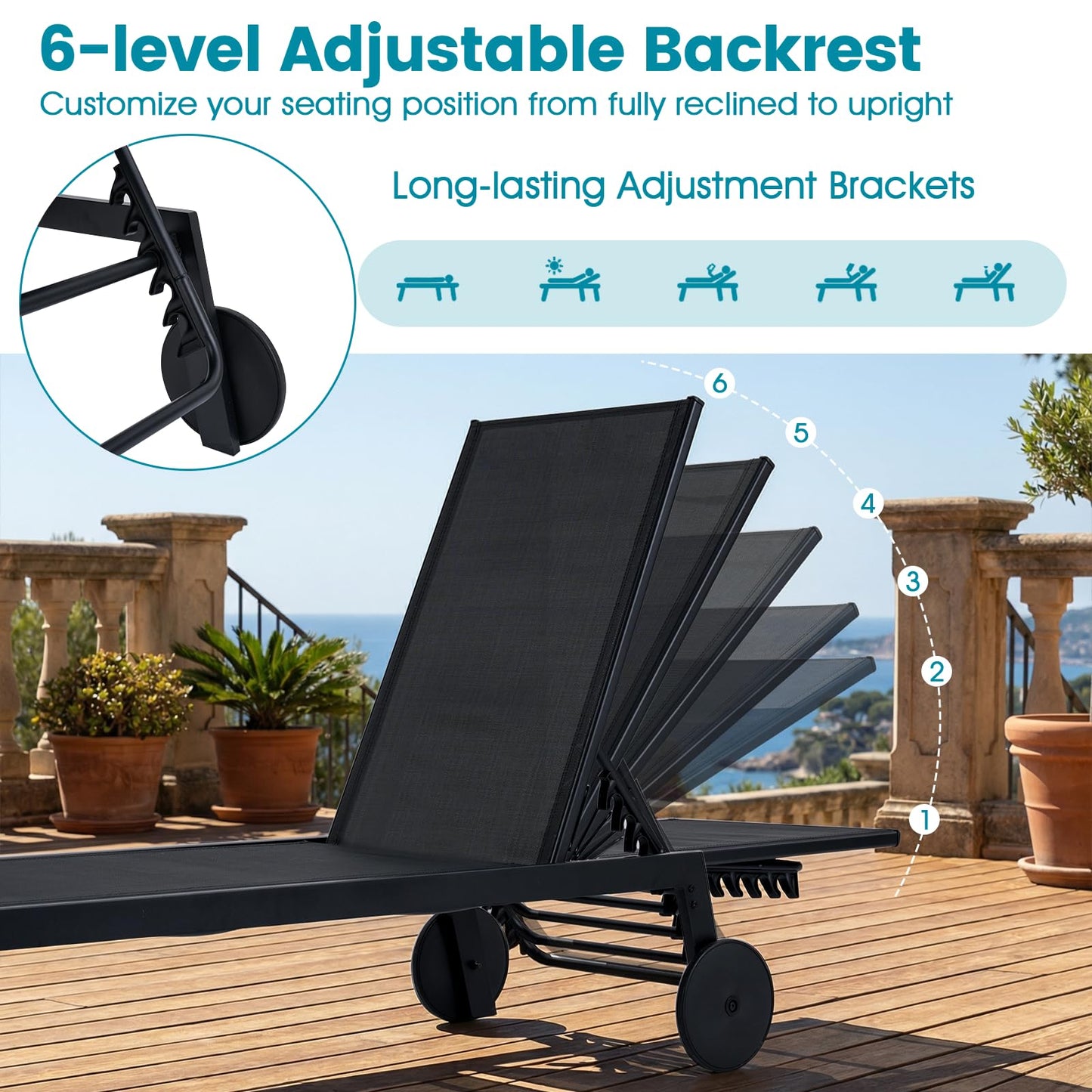 Patio Chaise Lounge Chair with Wheels Outdoor Recliner with 6-Level Adjustable Backrest