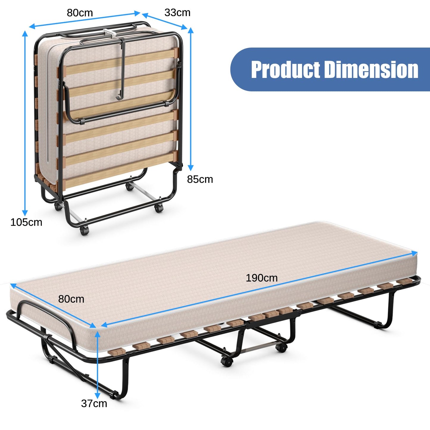 Rollaway Folding Bed with Memory Foam Mattress Guest Bed with Wheels