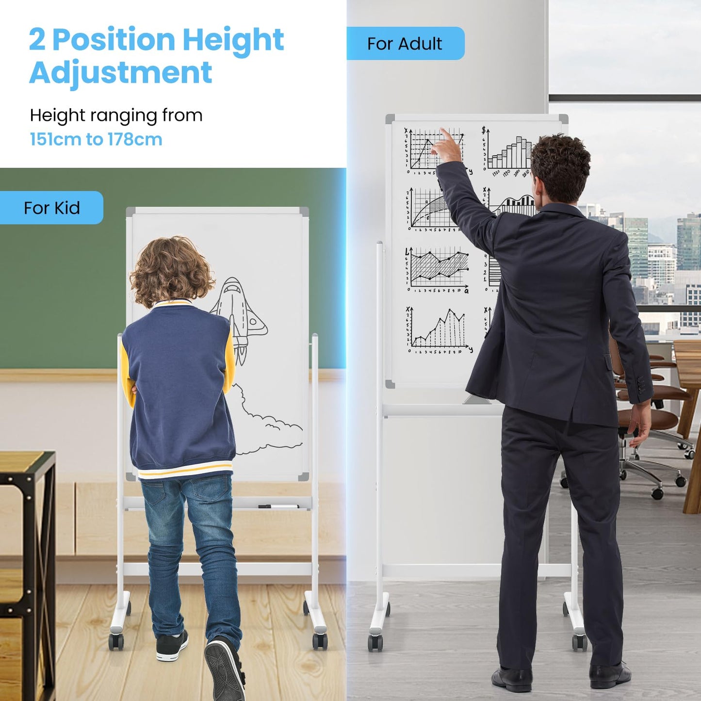 Double Sided Magnetic Whiteboard, Height Adjustable Mobile Dry Erase Board with Black Markers (90 x 60cm)