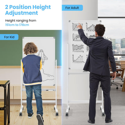 Double Sided Magnetic Whiteboard, Height Adjustable Mobile Dry Erase Board with Black Markers (90 x 60cm)