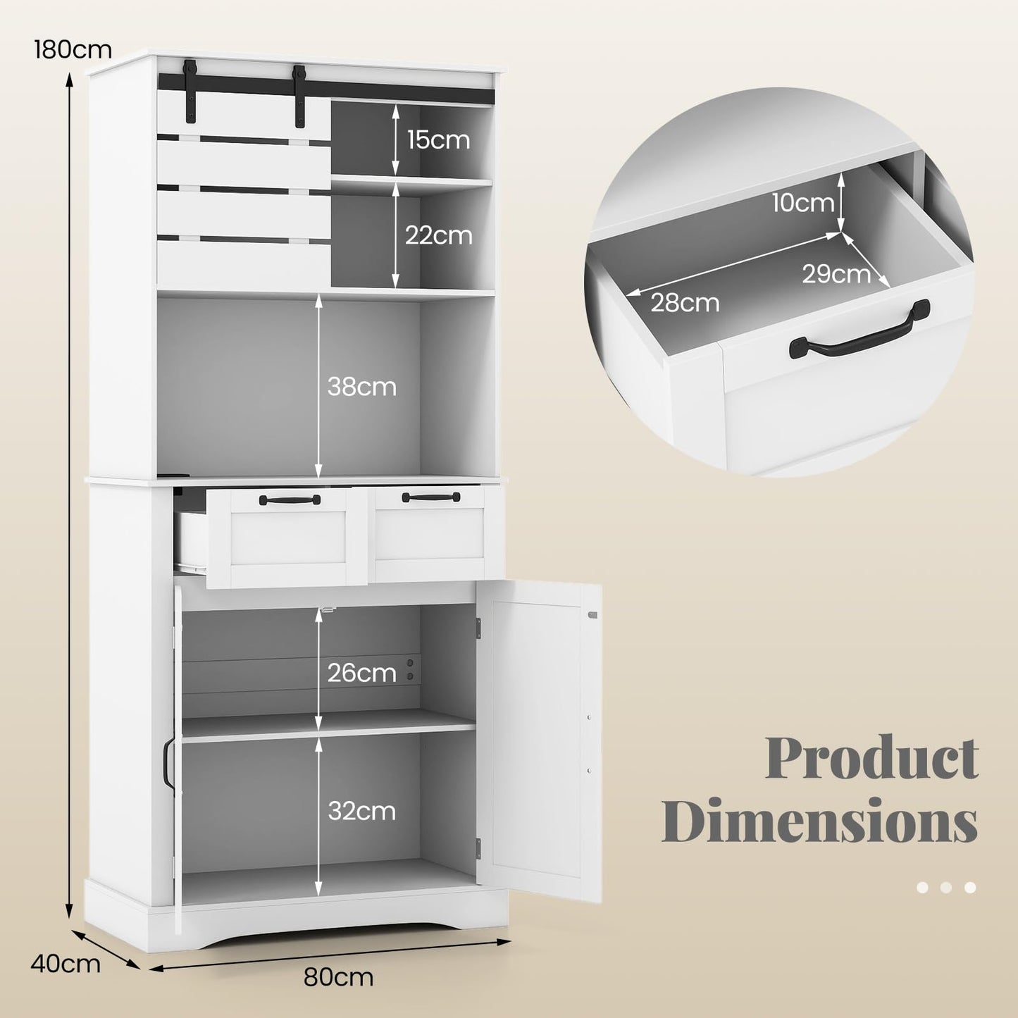 Kitchen Pantry Cabinet with Power Outlet Tall Coffee Bar Cabinet with Doors Drawers and Adjustable Shelf