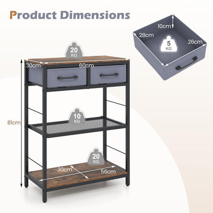 3-Tier Narrow Console Table with 2 Fabric Drawers and Open Shelves