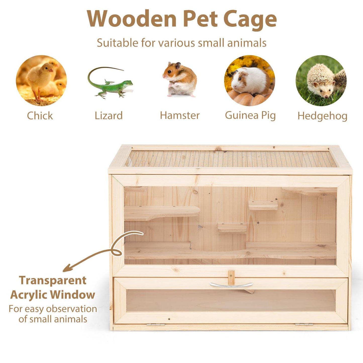 Fir Wood Mouse Habitat Cage with Mesh Flip Roof