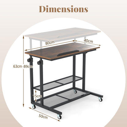 80 x 50cm Height Adjustable Mobile Laptop Table Computer Desk with Tilting Tabletop