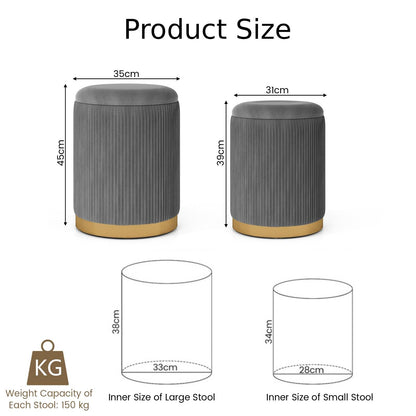 Velvet Storage Ottoman Set of 2 with Gold Stainless Steel Hoop
