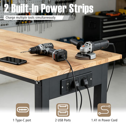 46 Inch Adjustable Workbench with Wheels and Power Outlet Oak Top for Garage